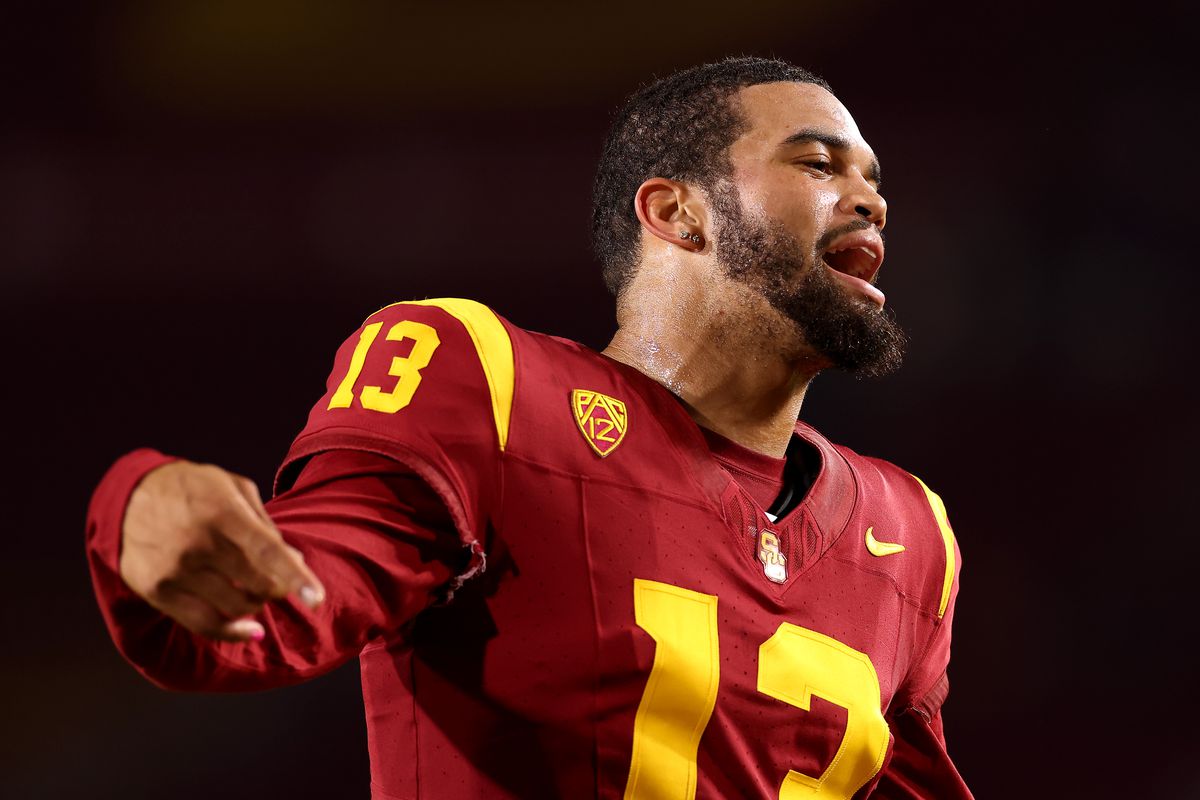 Caleb Williams #13 of the USC Trojans warms up prior to the game against the Arizona Wildcats at United Airlines Field at the Los Angeles Memorial Coliseum on October 07, 2023 in Los Angeles, California.