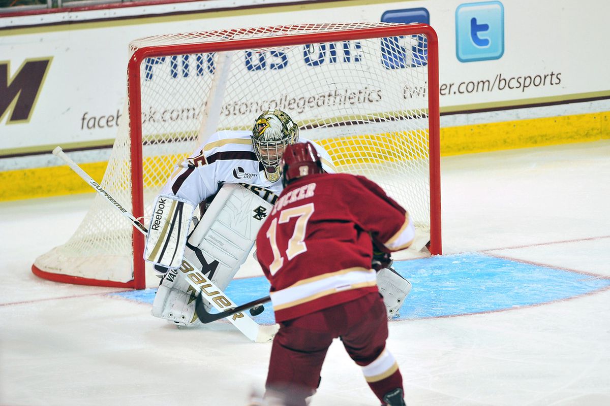 October 14, 2011; Boston MA, USA; Denver Pioneers winger Jason Zucker (17) scores the first goal of the game on Boston College Eagles goalie Parker Milner (35) in the first period at Conte Forum. Mandatory Credit: Andrew B. Fielding-US PRESSWIRE