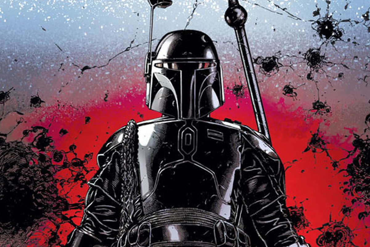 Boba Fett in new Marvel Comics series in black and white against a red background