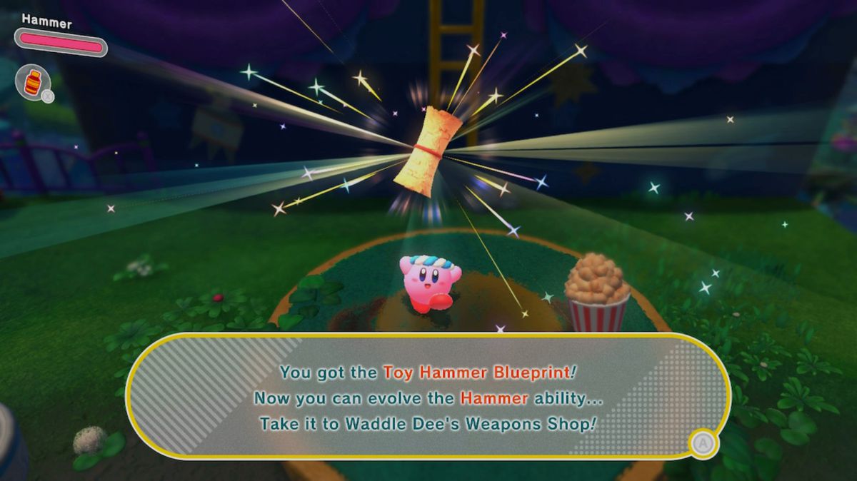 Kirby excitedly grabs a Toy Hammer blueprint on a pedestal 