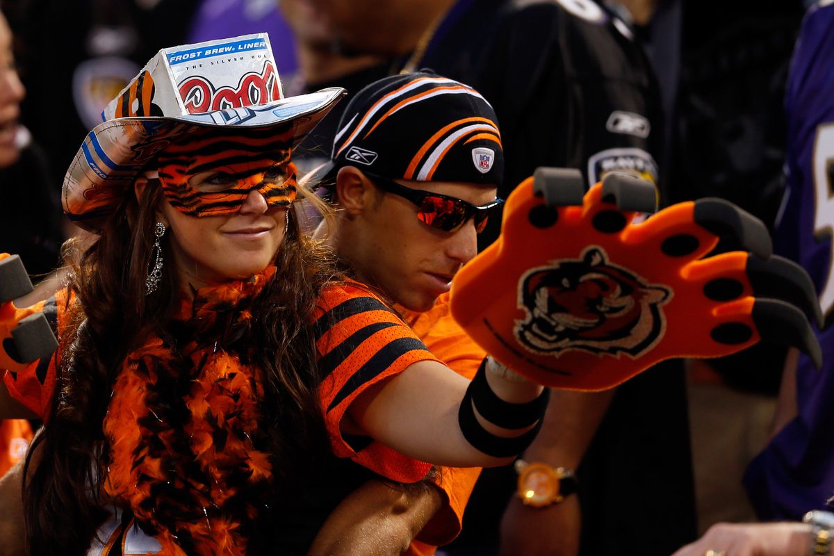 BALTIMORE, MD - SEPTEMBER 10:  A Cincinnati Bengals cheers on her team as the Bengals take on the Baltimore Ravens at M&T Bank Stadium on September 10, 2012 in Baltimore, Maryland.  (Photo by Rob Carr/Getty Images)