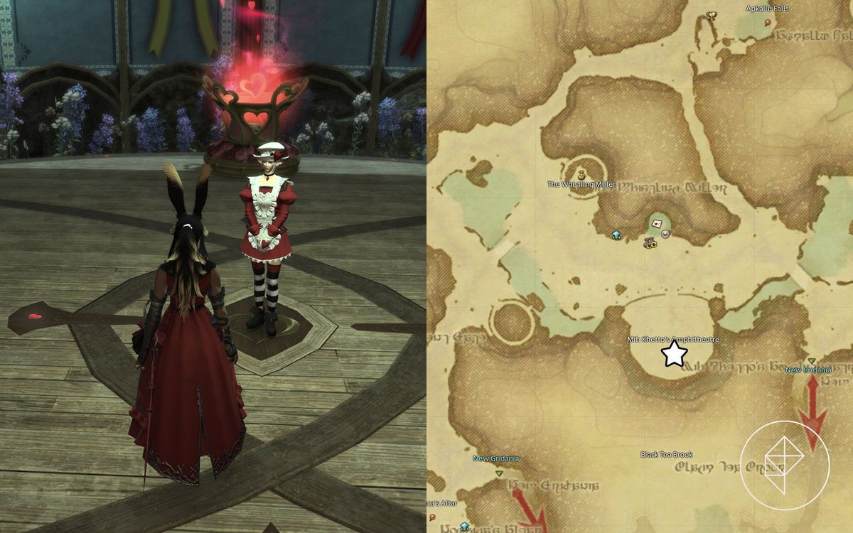A Viera in red stands in front of a Valentoine NPC in a red maid dress