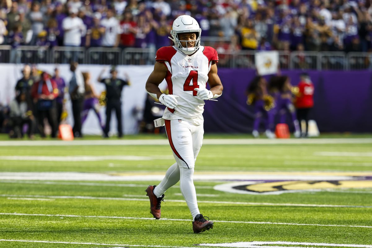 MINNEAPOLIS, MN - OCTOBER 30: Rondale Moore #4 of the Arizona Cardinals looks on against the Minnesota Vikings in the first quarter of the game at U.S. Bank Stadium on October 30, 2022 in Minneapolis, Minnesota. The Vikings defeated the Cardinals 34-26.