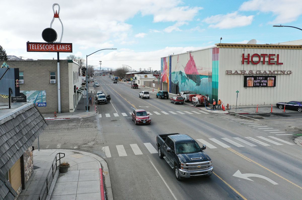 Motorists drive past the bowling alley in Elko, Nev., on Tuesday Jan 26, 2021.