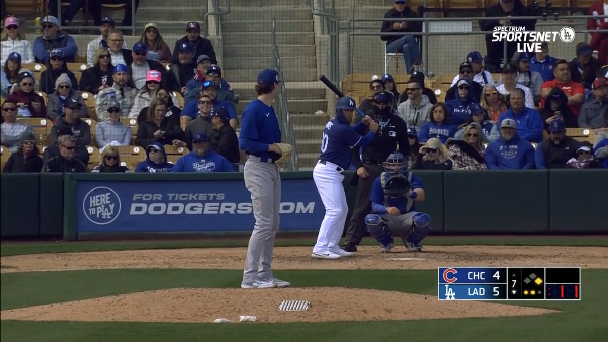 SportsNet LA broadcast of Dodgers-Cubs spring training game on February 26, 2023 (with pitch clock)
