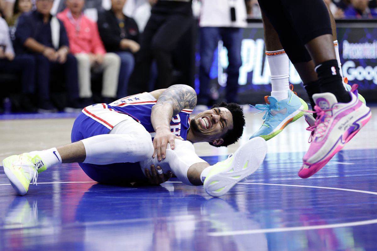 Danny Green #14 of the Philadelphia 76ers suffers a injury against the Miami Heat in the first quarter of Game Six of the 2022 NBA Playoffs Eastern Conference Semifinals at Wells Fargo Center on May 12, 2022 in Philadelphia, Pennsylvania.