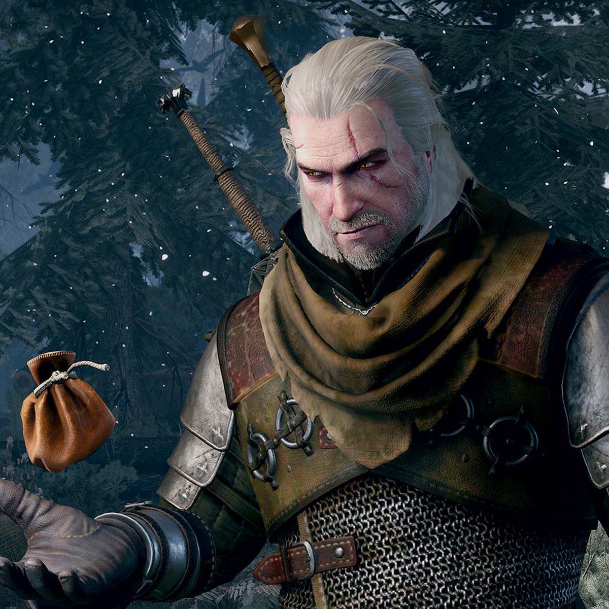 Geralt of Rivia in The Witcher 3: Wild Hunt stands staring at a bag of coins in his hand