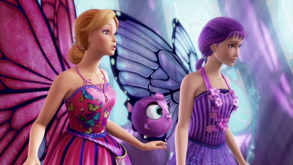 Barbie as Mariposa, a blonde fairy with big pink butterfly wings, standing next to her friend Willa, a purple-haired fairy with purple wings.