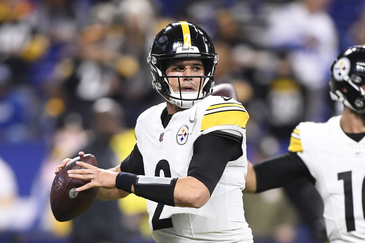 Steelers Quarterback Mason Rudolph (2) warms up for the NFL game between the Pittsburgh Steelers and the Indianapolis Colts on December 16, 2023, at Lucas Oil Stadium in Indianapolis, Indiana.
