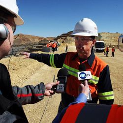 Kelly Sanders, president and CEO of Rio Tinto's Kennecott Utah Copper, answers questions during a media tour of the Bingham Canyon Mine on Thursday, April 25, 2013.