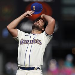 Robbie Ray #38 of the Seattle Mariners reacts after giving up a home run during the fourth inning against the Oakland Athletics
