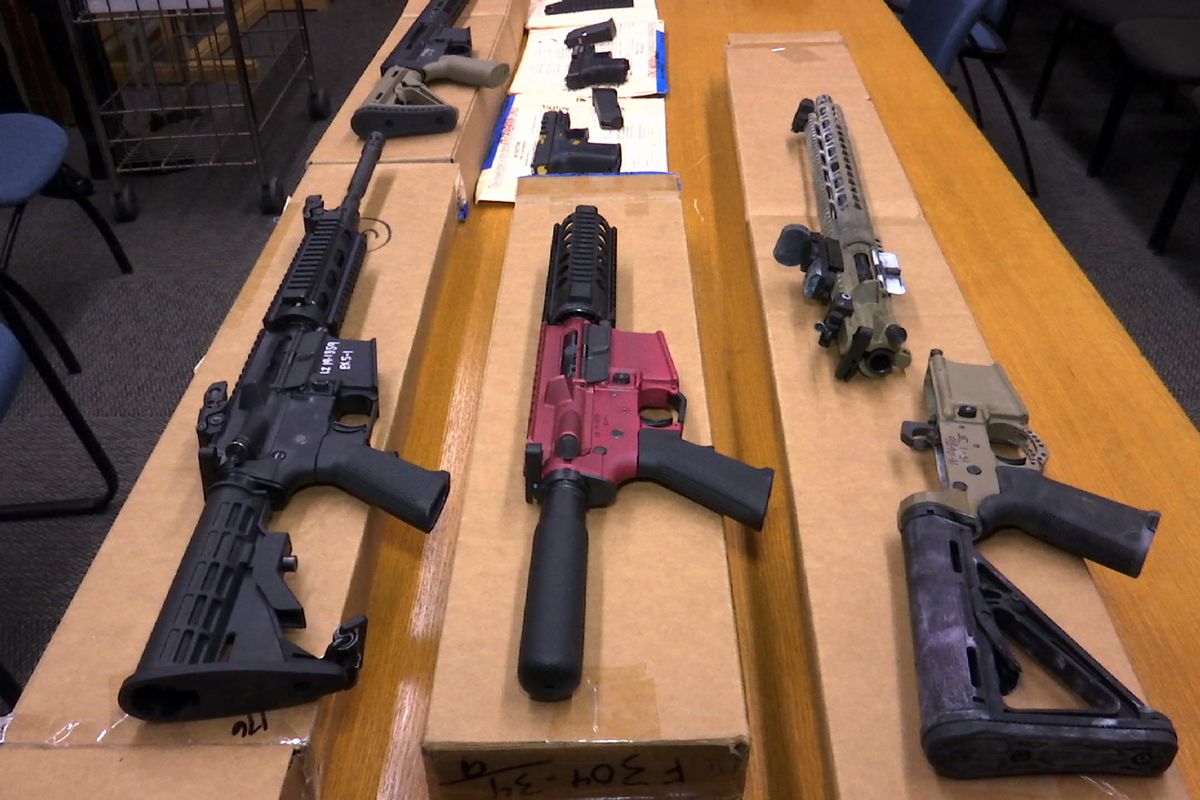 This Nov. 27, 2019, file photo shows “ghost guns” on display at the headquarters of the San Francisco Police Department in San Francisco.