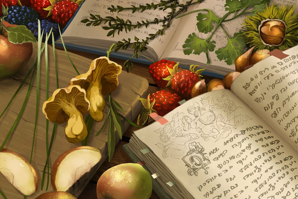 An illustration of a cookbook written in elven language with assorted mushrooms, herbs, and berries nearby
