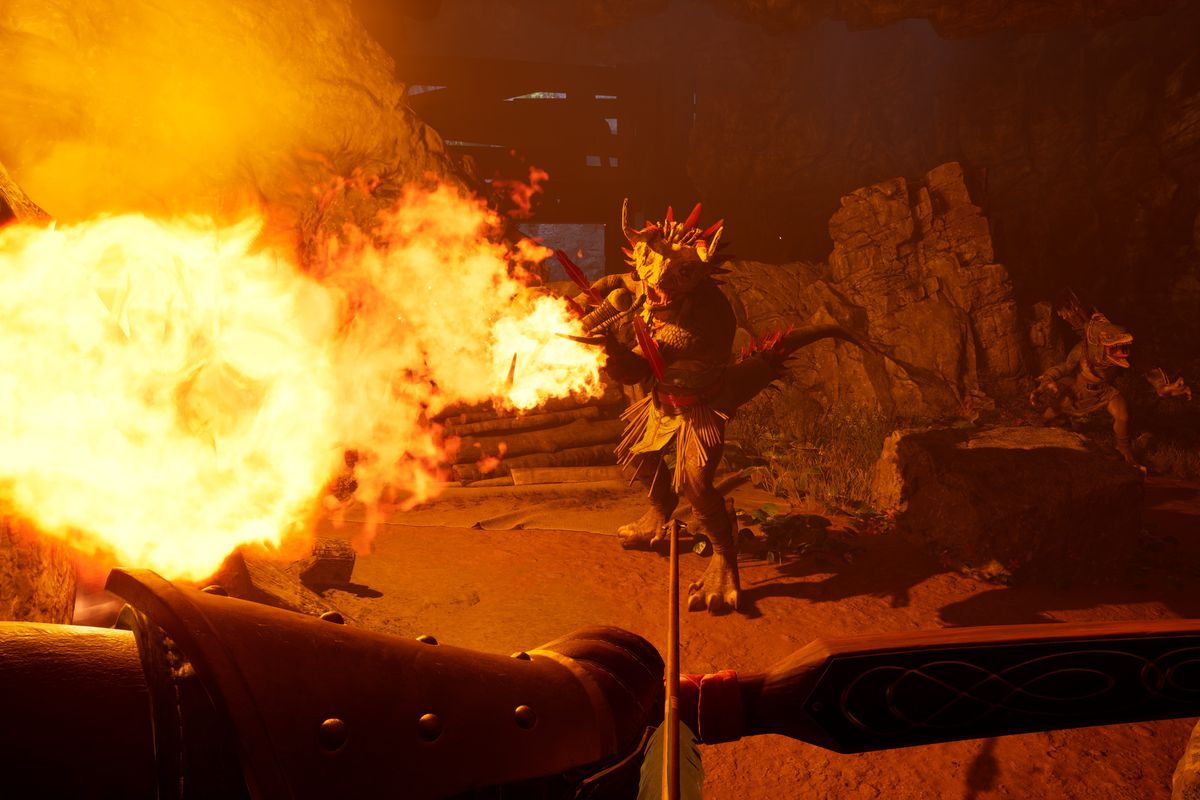 A screenshot from Avowed, showing a first-person view of a player wielding a bow and arrow and facing lizardmen conjuring flames