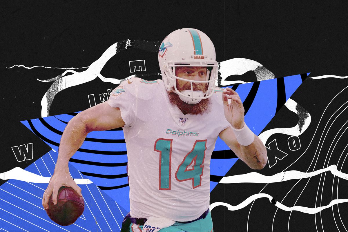 Dolphins QB Ryan Fitzpatrick runs with the football in his right hand and his beard visible under his helmet, superimposed on a blue, black, and white background with squiggly lines