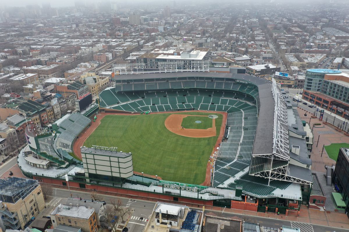 An aerial from a drone shows Wrigley Field, home of the Chicago Cubs.
