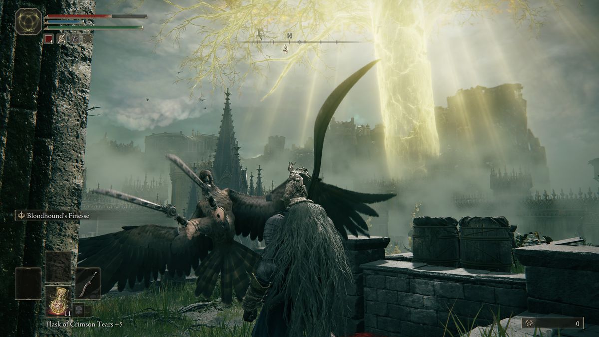 A bird with knives in its claws attacking the player character in Elden Ring
