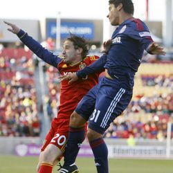 RSL's Ned Grabavoy battles with Marvin Iraheta for the ball as Real Salt Lake and Chivas USA play Saturday, April 20, 2013 at Rio Tinto Stadium.