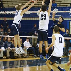 Tyler Hutchings (14) getting a hand on a block against UC San Diego in Provo on January 31, 2015.

<img height="1" width="1" src="http://beacon.deseretconnect.com/beacon.gif?cid=248261&pid=7&reqid=141460&campid=" />