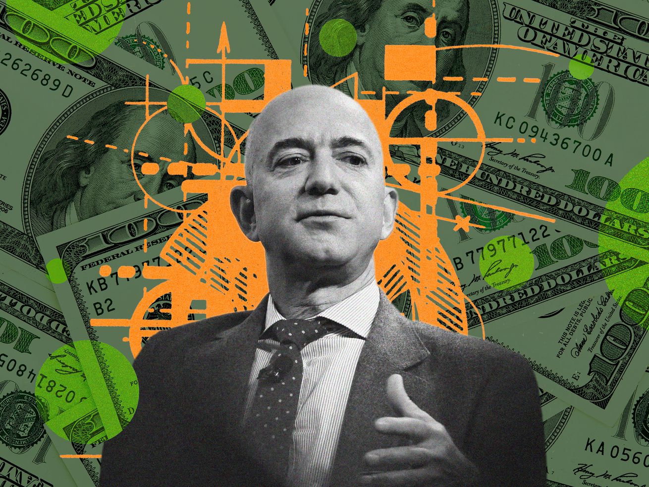 A graphic of Jeff Bezos, in black-and-white, in front of a collage of $100 dollar bills. 