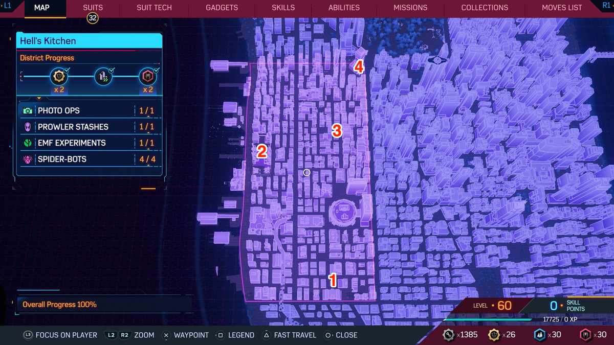 A map of New York in Spider-Man 2, showing where to find Spider-Bots