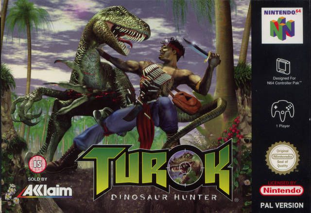 Box art for Turok: Dinosaur Hunter, featuring the titular hunter battling a theropod. 
