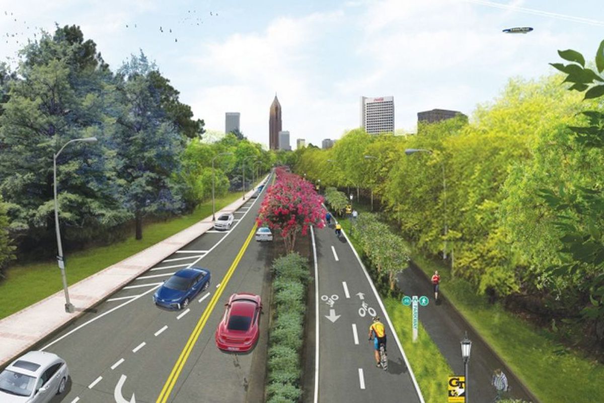 Near Georgia Tech, a rendering for Tech Parkway’s overhaul, looking south toward downtown. 