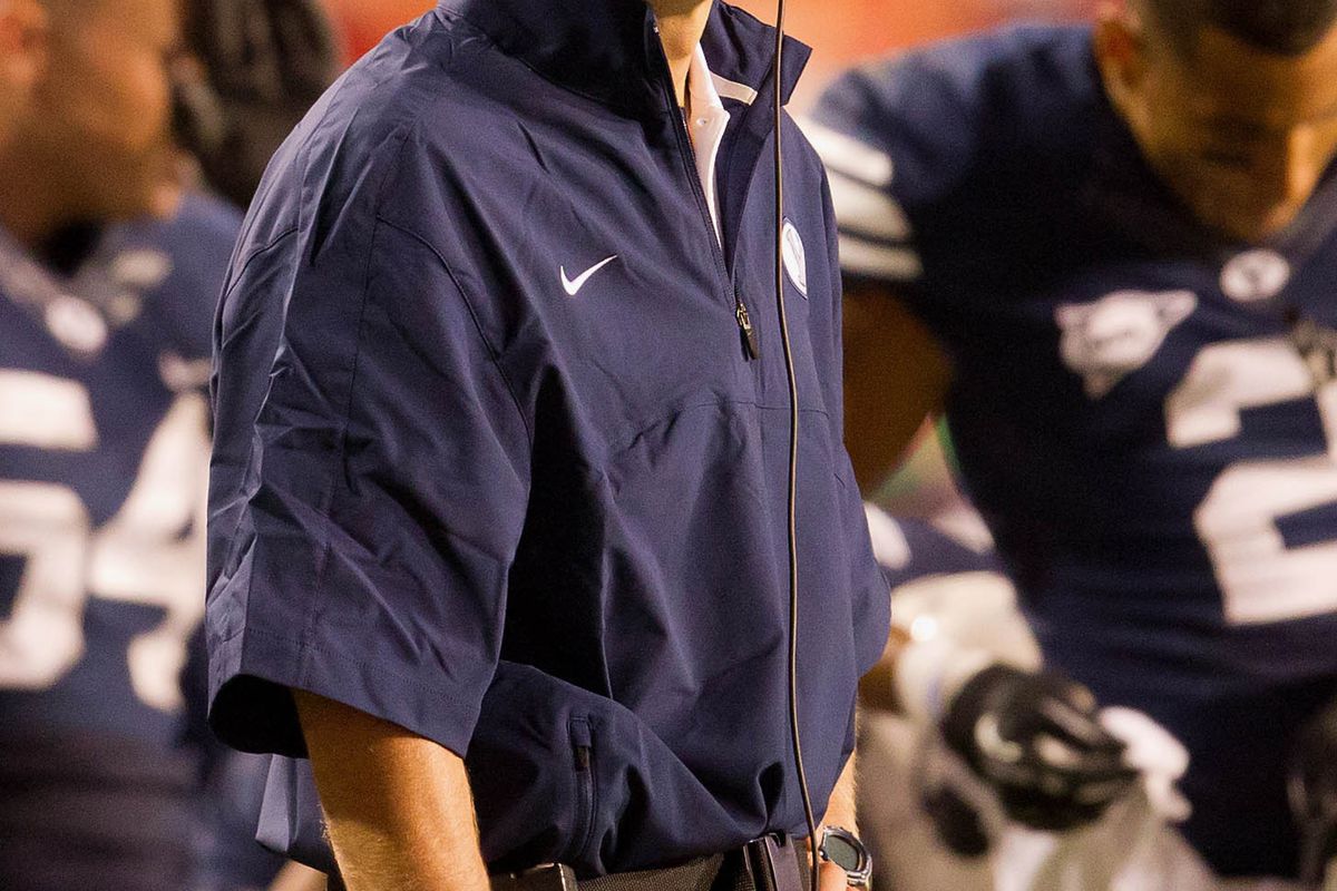 September 15, 2012; Salt Lake City, UT, USA; Brigham Young Cougars head coach Bronco Mendenhall during the second half against the Utah Utes at Rice-Eccles Stadium. Utah defeated Brigham Young, 24-21. Mandatory Credit: Russ Isabella-US PRESSWIRE