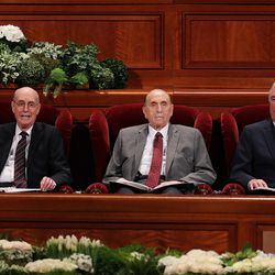 President Thomas S. Monson, center, and his counselors — President Henry B. Eyring, first counselor in the First Presidency, left, and President Dieter F. Uchtdorf, second counselor in the First Presidency — sit in the Conference Center in Salt Lake City during the morning session of the LDS Church’s 187th Annual General Conference on Saturday, April 1, 2017.
