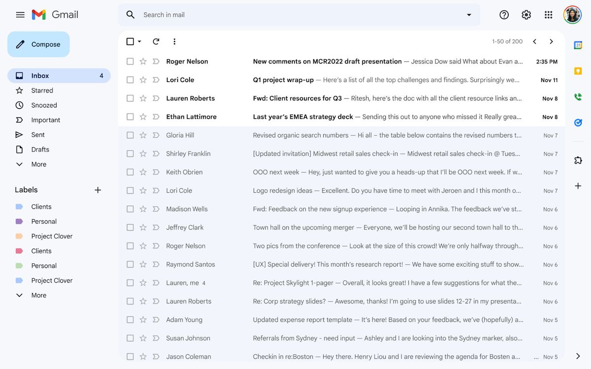 La nuova interfaccia utente di Gmail, con solo Gmail e le altre applicazioni disattivate
