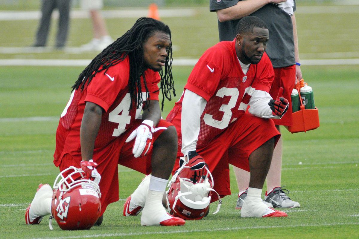 May 24, 2012; Kansas City, MO, USA; Kansas City Chiefs defensive backs Dominique Ellis (45) and Jacques Reeves (35) take a break during organized team activities at the Kansas City Chiefs practice facility. Mandatory Credit: Denny Medley-US PRESSWIRE