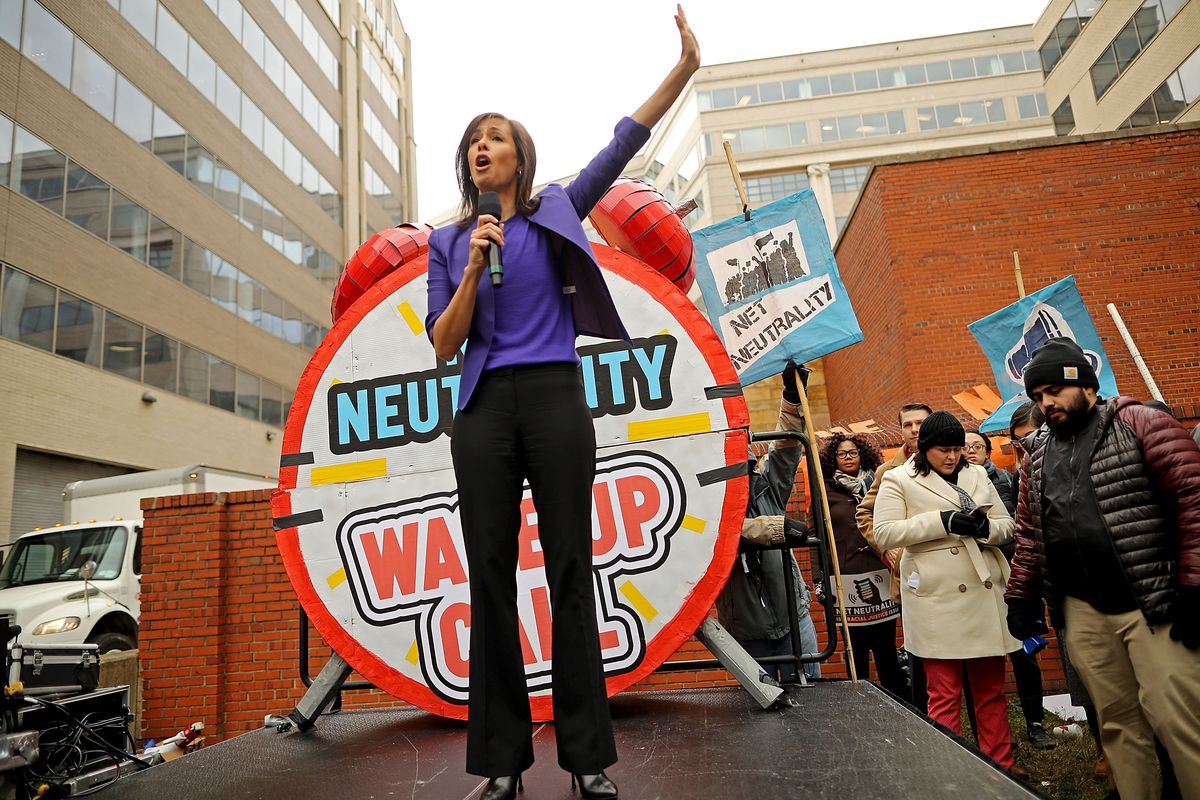 FCC chair Jessica Rosenworcel at a net neutrality rally in 2017.