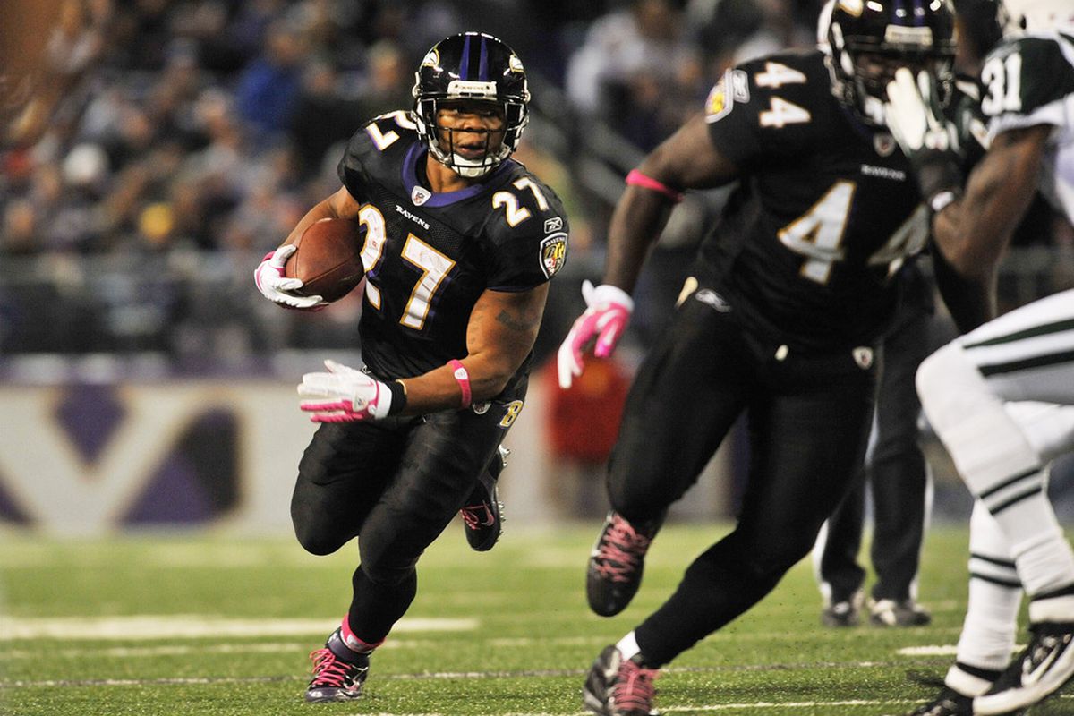 BALTIMORE - OCTOBER 2:  Ray Rice #27 of the Baltimore Ravens runs the ball against the New York Jets at M&T Bank Stadium on October 2. 2011 in Baltimore, Maryland. The Ravens defeated the Jets 34-17. (Photo by Larry French/Getty Images)