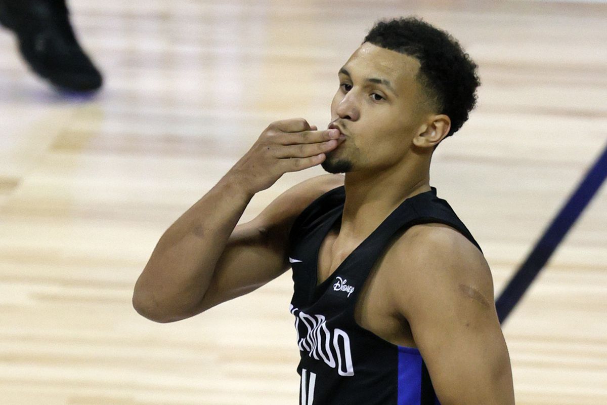 Jalen Suggs #4 of the Orlando Magic reacts after hitting a 3-pointer against the Golden State Warriors during the 2021 NBA Summer League at the Thomas &amp; Mack Center on August 9, 2021 in Las Vegas, Nevada. The Magic defeated the Warriors 91-89 in overtime.