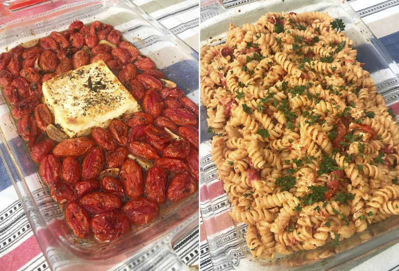 This combination of photos shows the recipe for tomato feta pasta: feta, tomatoes and garlic after roasting in an oven (left), and the completed dish mixed with pasta and topped with parsley. Many people have embraced cooking during the pandemic, when they’ve been home, bored, looking to try something new.