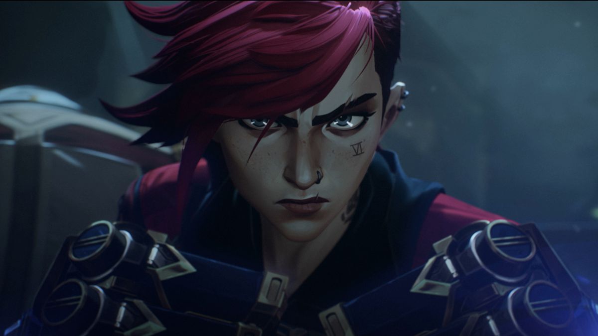 Vi from Arcane looking at the camera in a still from the Netflix show