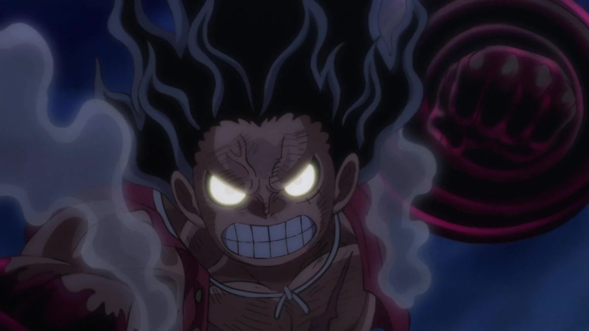 Luffy looking hulked out with glowing eyes and veins in his forehead as he lines up a punch