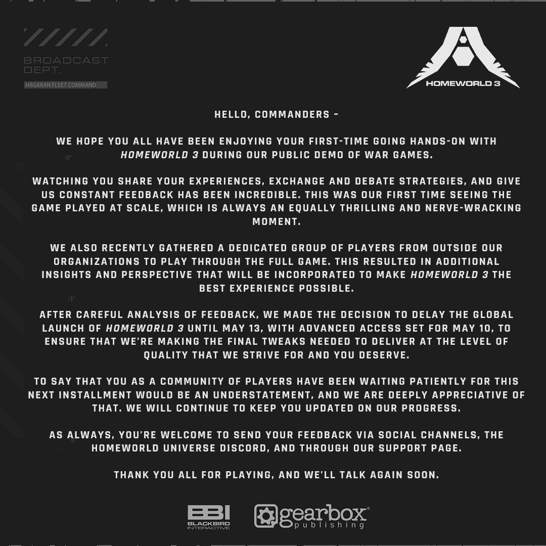 A screenshot of Blackbird Interactive’s statement on its decision to delay the launch of Homeworld 3 to May 13.