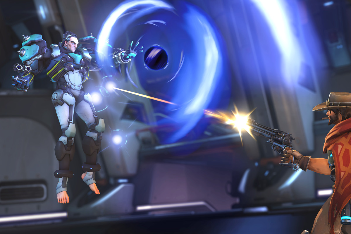 Overwatch - McCree and Sigma face off in a one versus one battle. Sigma is absorbing a shot from McCree’s Peacekeeper.
