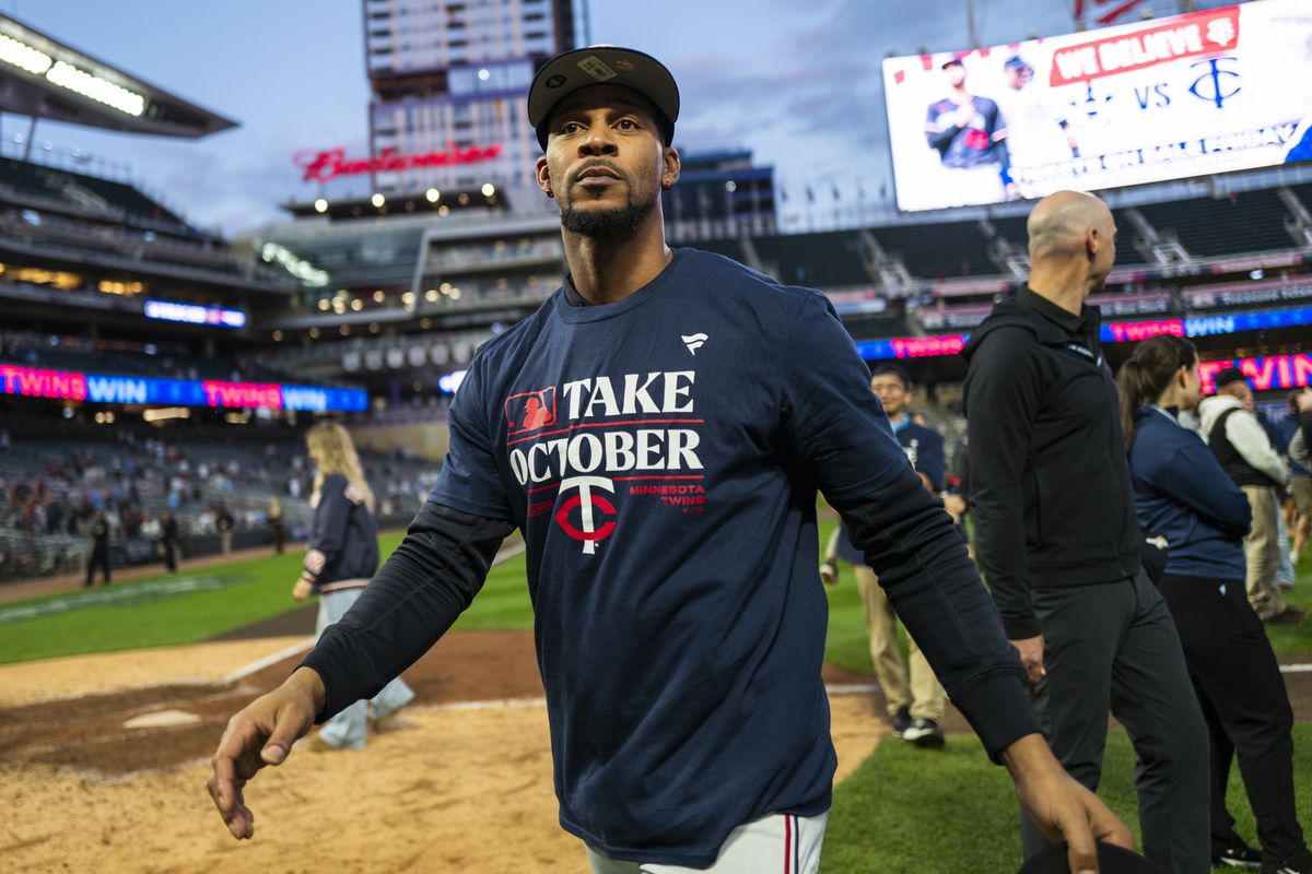 Byron Buxton of the Minnesota Twins celebrates after winning Game Two of the Wild Card Series against the Toronto Blue Jays at Target Field on October 4, 2023 in Minneapolis, Minnesota.