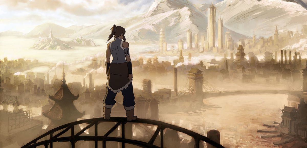 The eponymous Korra stands heroically with her back to the viewer, atop a suspension bridge, looking at the skyline of Republic City.
