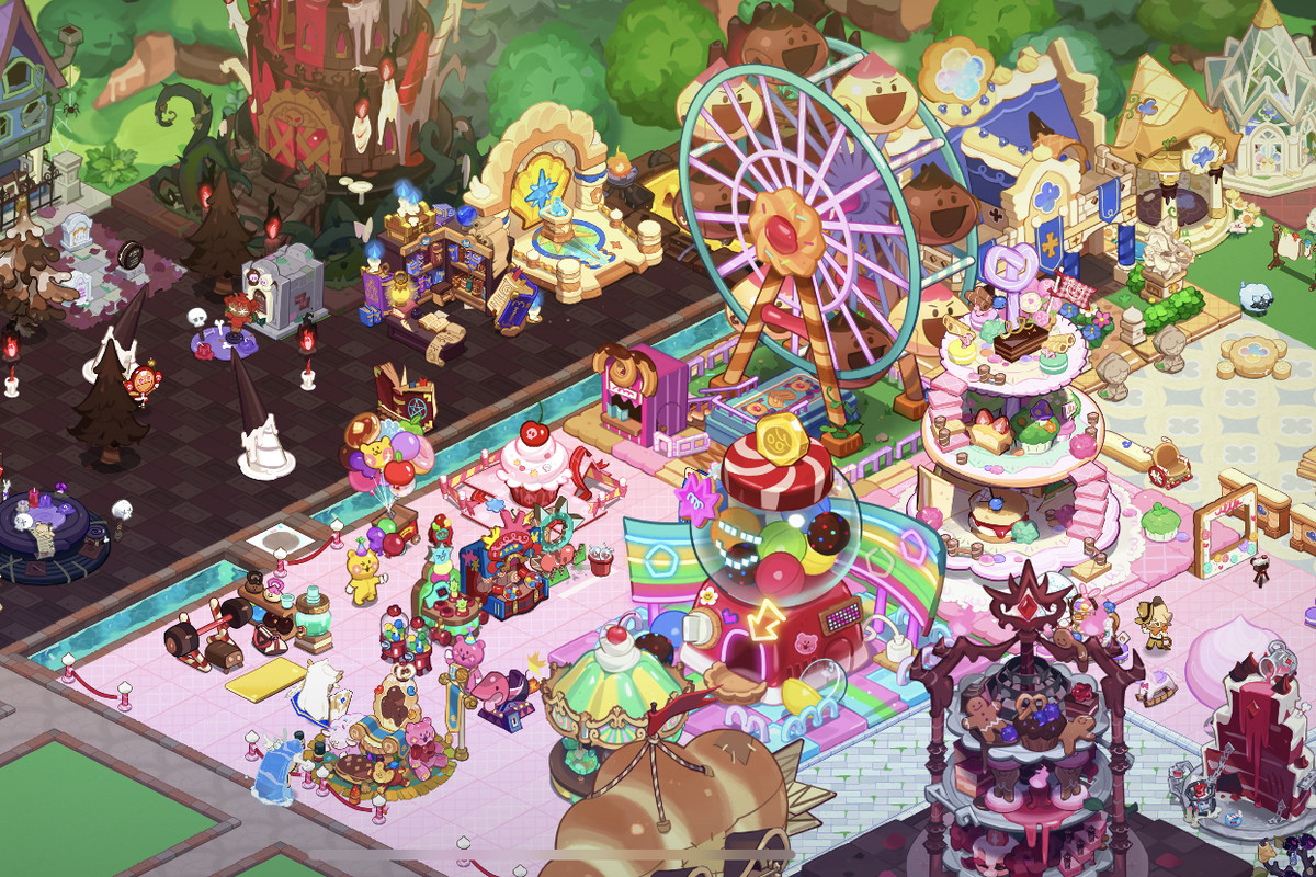 A preview of a Cookie Run: Kingdom kingdom, covered in pink and brown accessories.