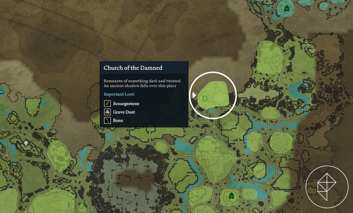 A map showing where to find The Church of the Damned