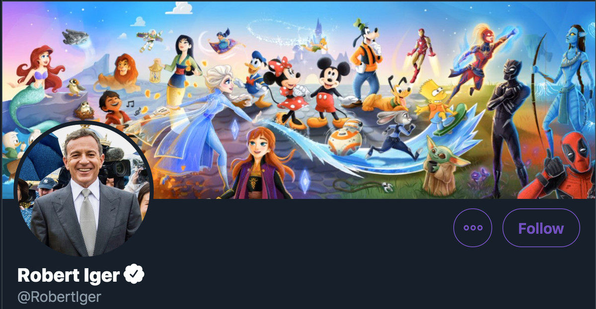 bob iger’s twitter banner, which includes disney princesses and star wars and marvel characters