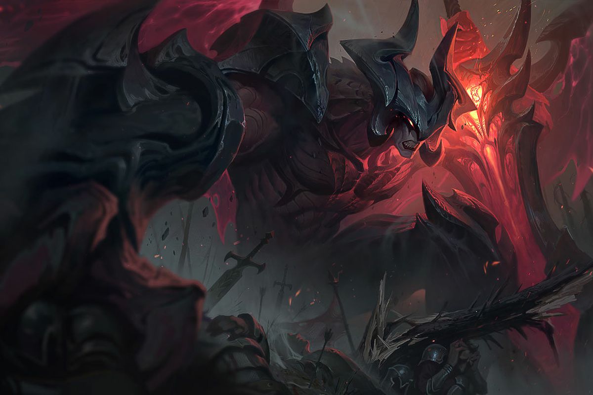 League of Legends - Aatrox, a demonic looking figure with curved horns, gritted teeth, and black and red flesh, clutches a giant red sword and surges forward through a battle.