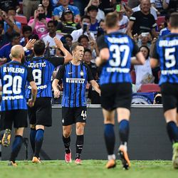 Ivan Perisic #44 of FC Interernazionale celebrates during the International Champions Cup match between FC Internazionale and Chelsea FC at National Stadium on July 29, 2017 in Singapore.