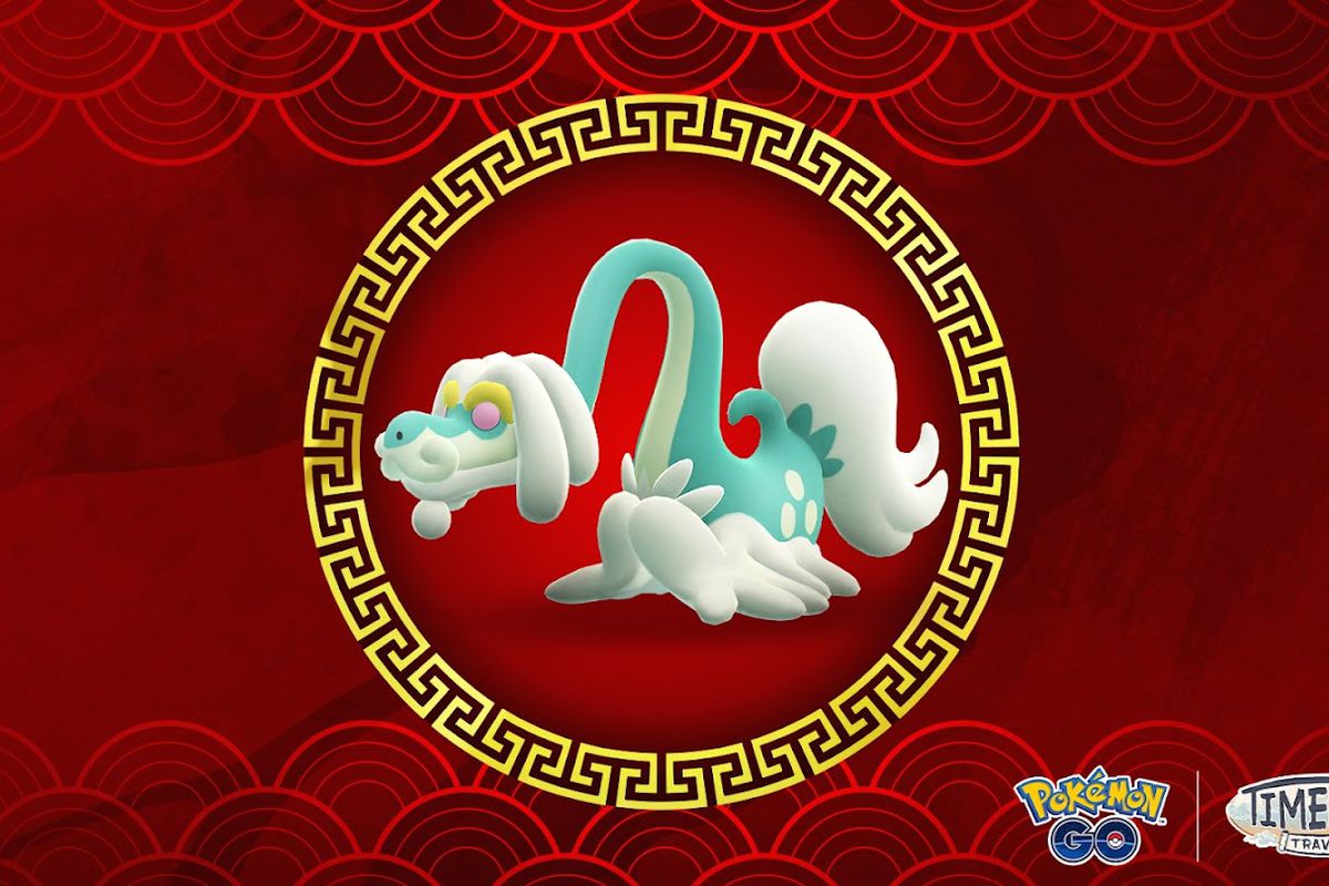 Drampa, a dragon-type Pokémon, in the center of red and gold decor.