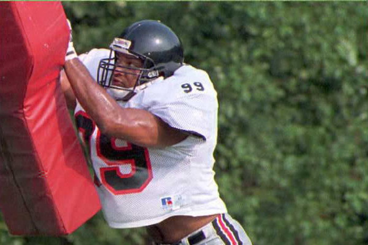 Atlanta Falcon’s Darryl Talley works out on a tack