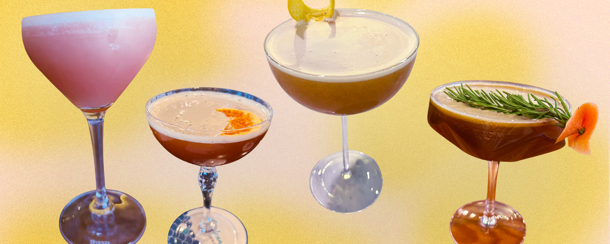 A collage of four cocktails against a yellow background.