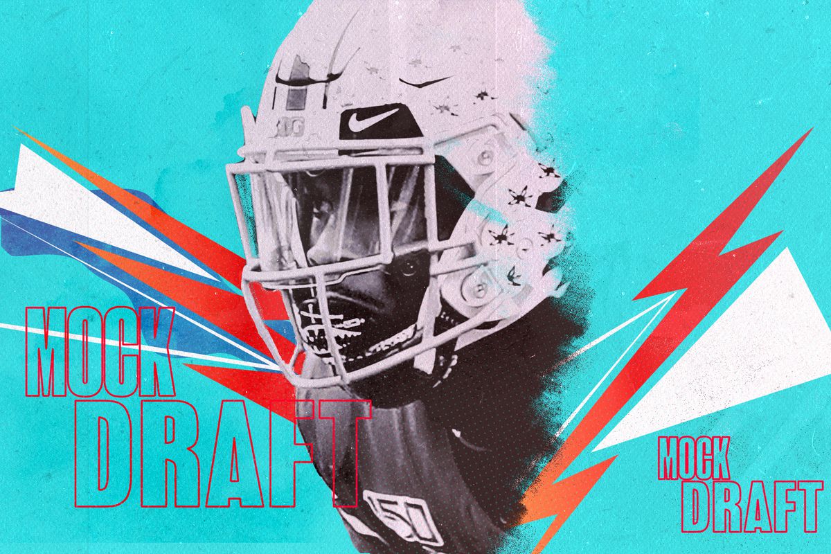 A closeup of NFL Draft prospect Jeff Okudah (Ohio State CB), superimposed on an aqua background with red and white lightning bolts and the words “MOCK DRAFT”